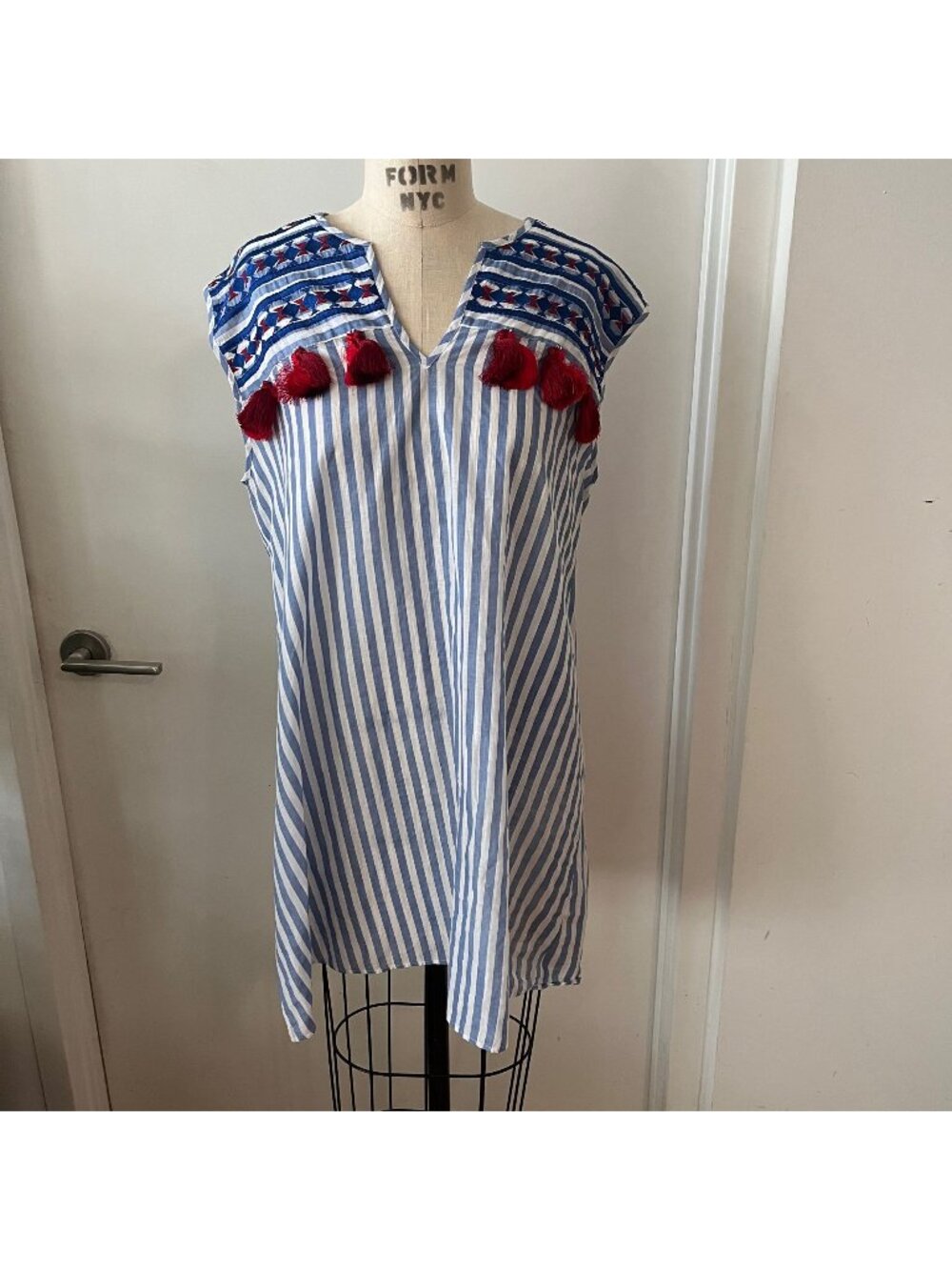 BINDU Sleeveless Tasseled Cotton Embroidered Boho Mini Dress/ Coverup Size Large